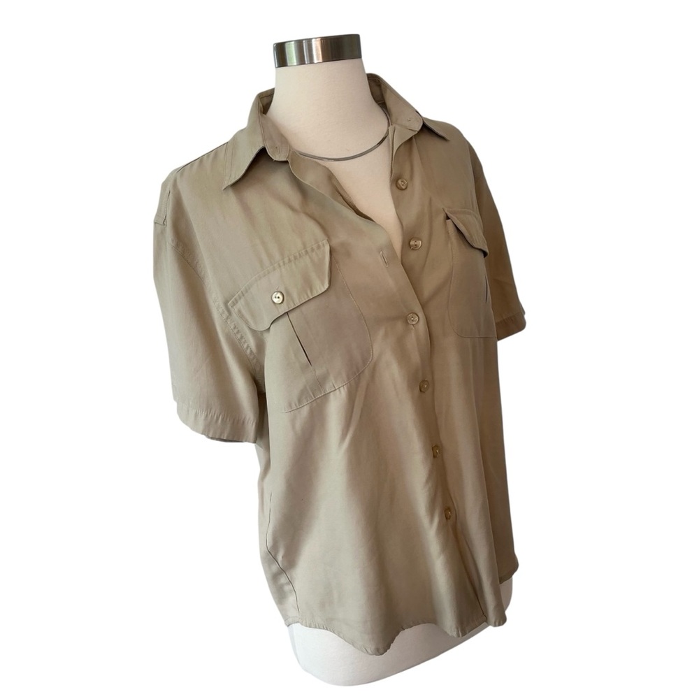 Vintage khaki short sleeve button up shirt chest pockets M